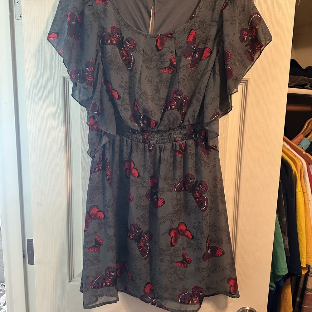 Gray Dress with Red Butterfly Print